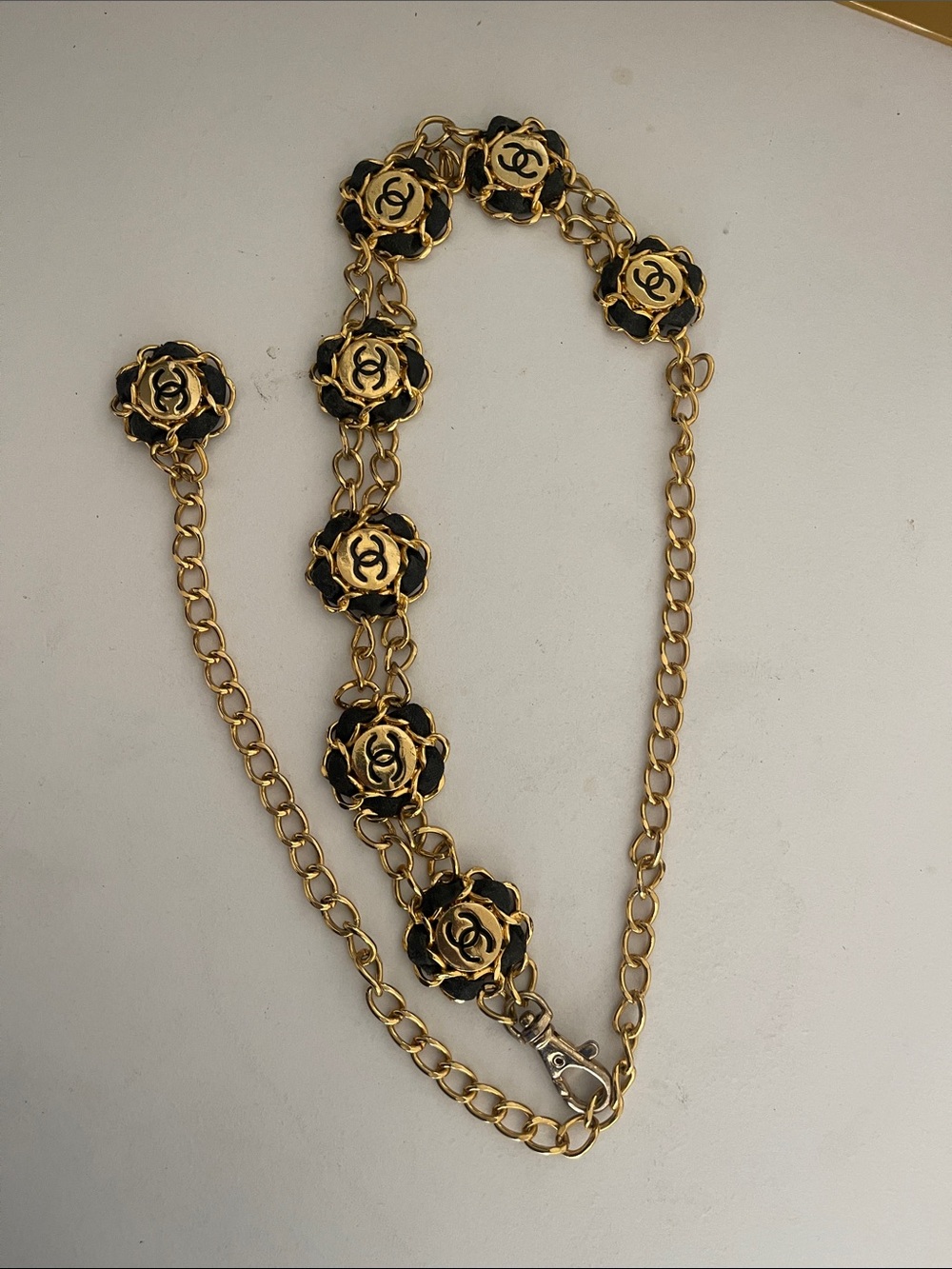 CHANEL Gold Chain Belt with Black Camellia Medallions